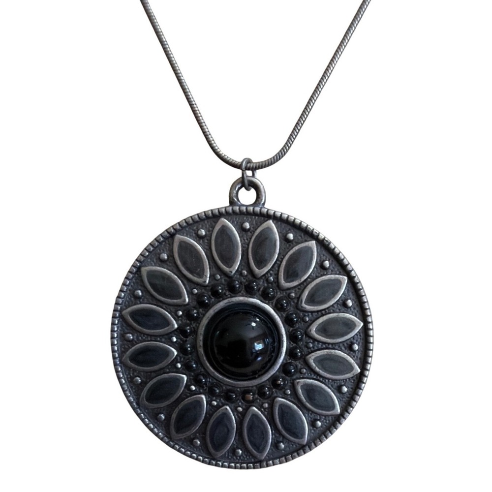 Antiqued Silver Tone Black Cabochon Sunburst Medallion Pendant Necklace Layer